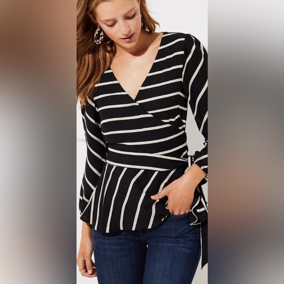 Ann Taylor LOFT Striped Wrap Blouse Office Career Party Size 16  Black Color - Picture 1 of 9